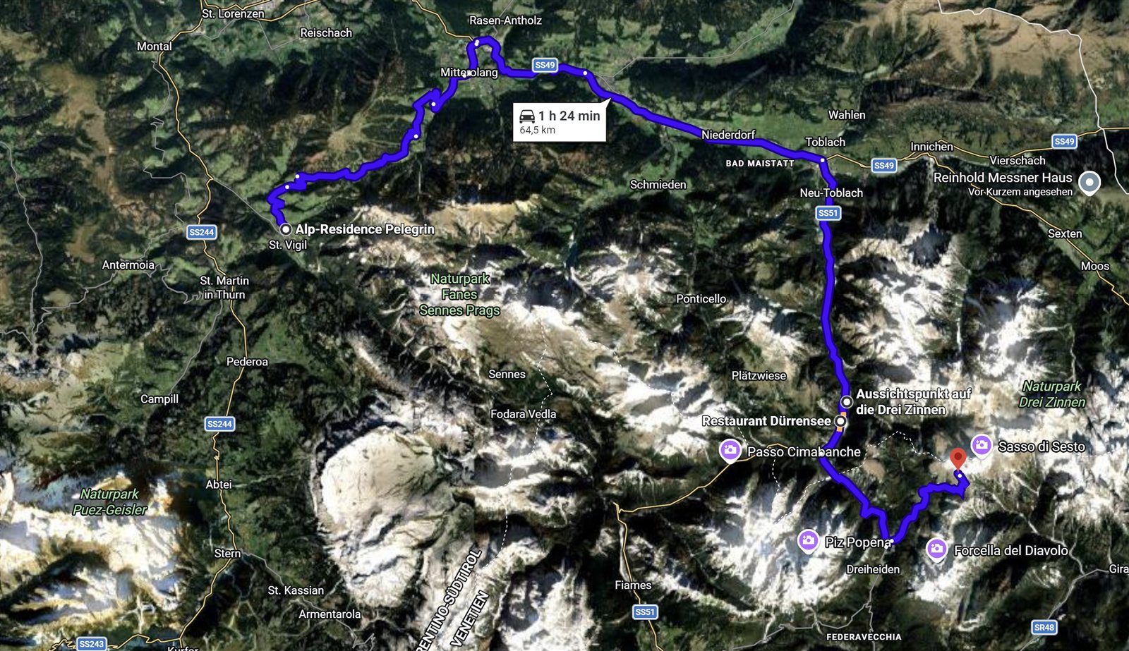 Route ab St. Vigil zu den Drei Zinnen