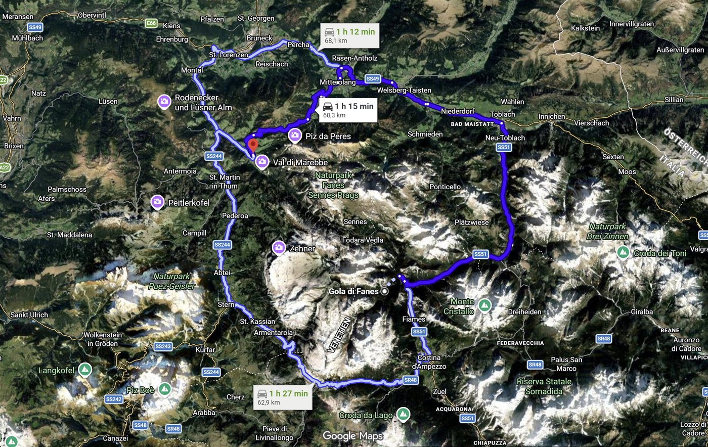 Route ab St. Vigil zum Fanes-Wasserfall