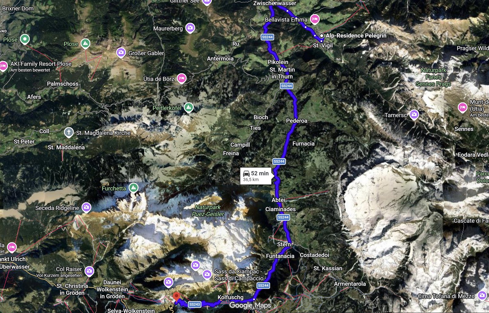 Route ab St. Vigil zum Grödner Joch