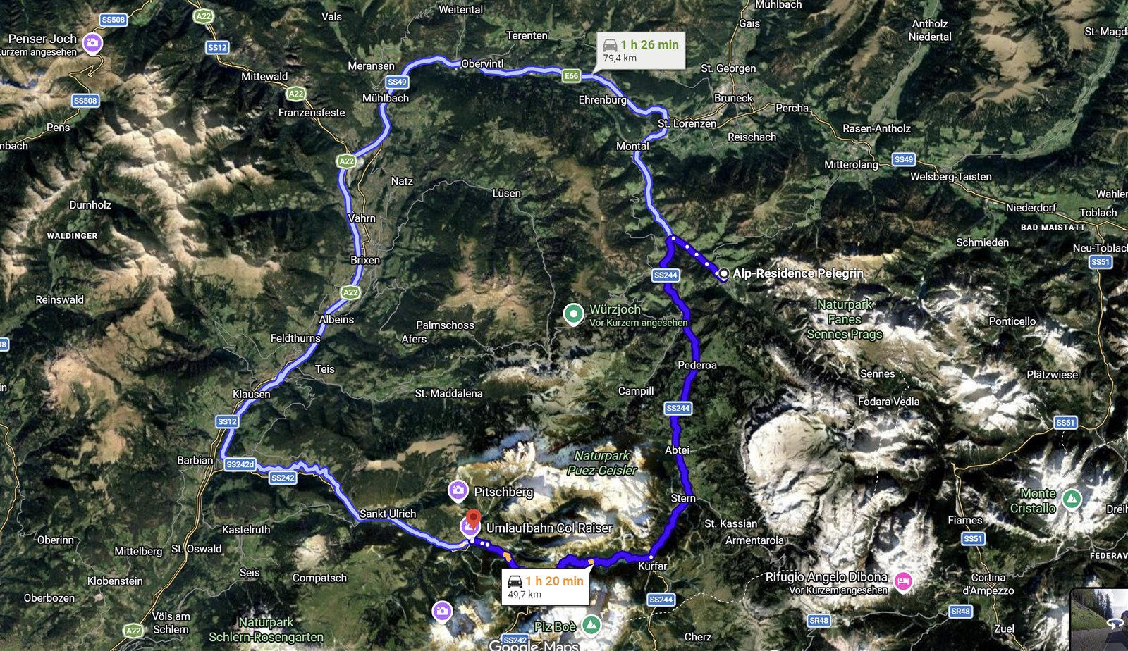 Route ab St. Vigil zur Seceda (Talstation Col Raiser)