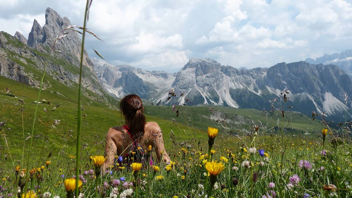 Blumenwiese mit Blick auf die Geislerspitzen